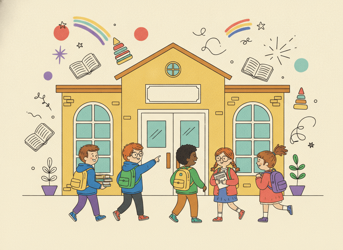 Ilustración de la entrada de una biblioteca escolar con niños llegando con libros