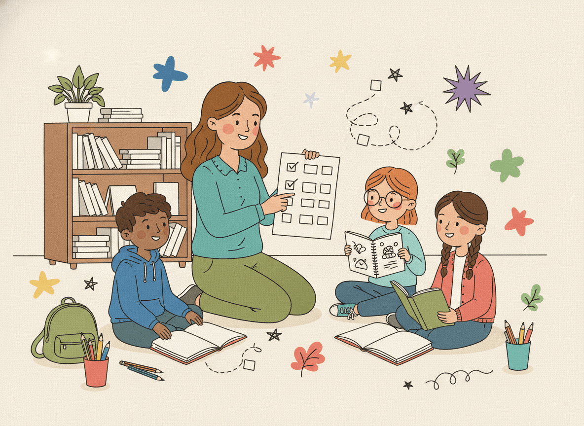 Ilustración de una docente guiando a estudiantes con libros y un plan de lectura