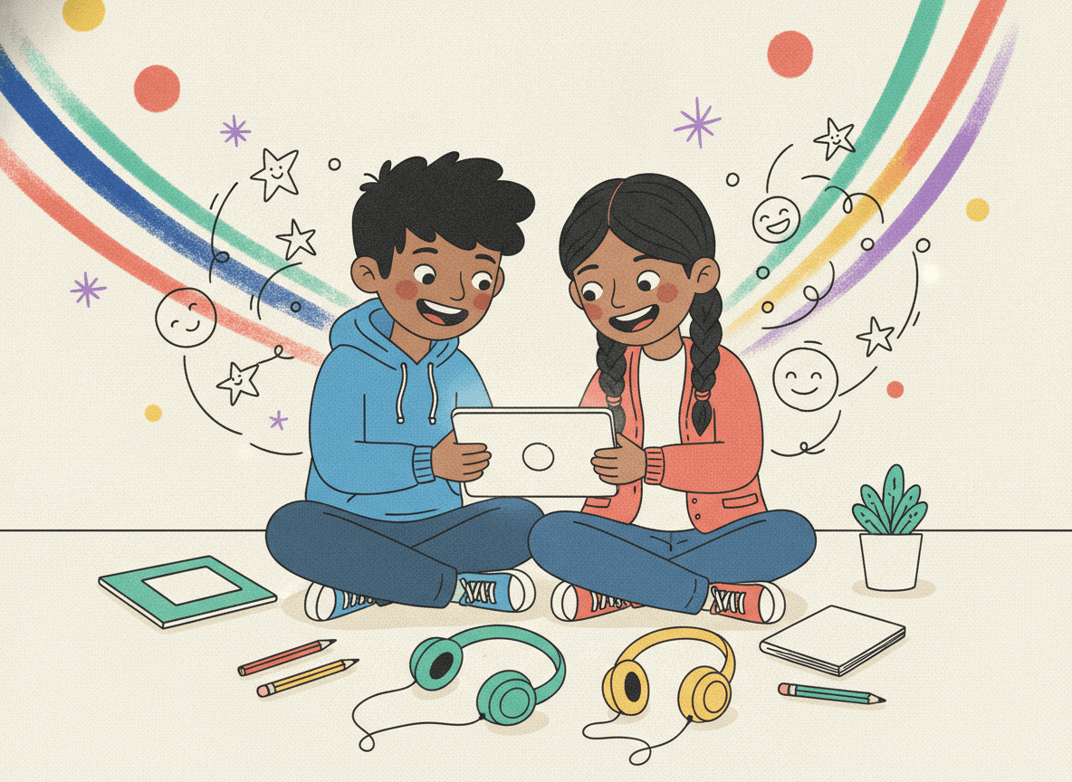 Ilustración de dos estudiantes leyendo juntos en una tablet con audífonos y libros