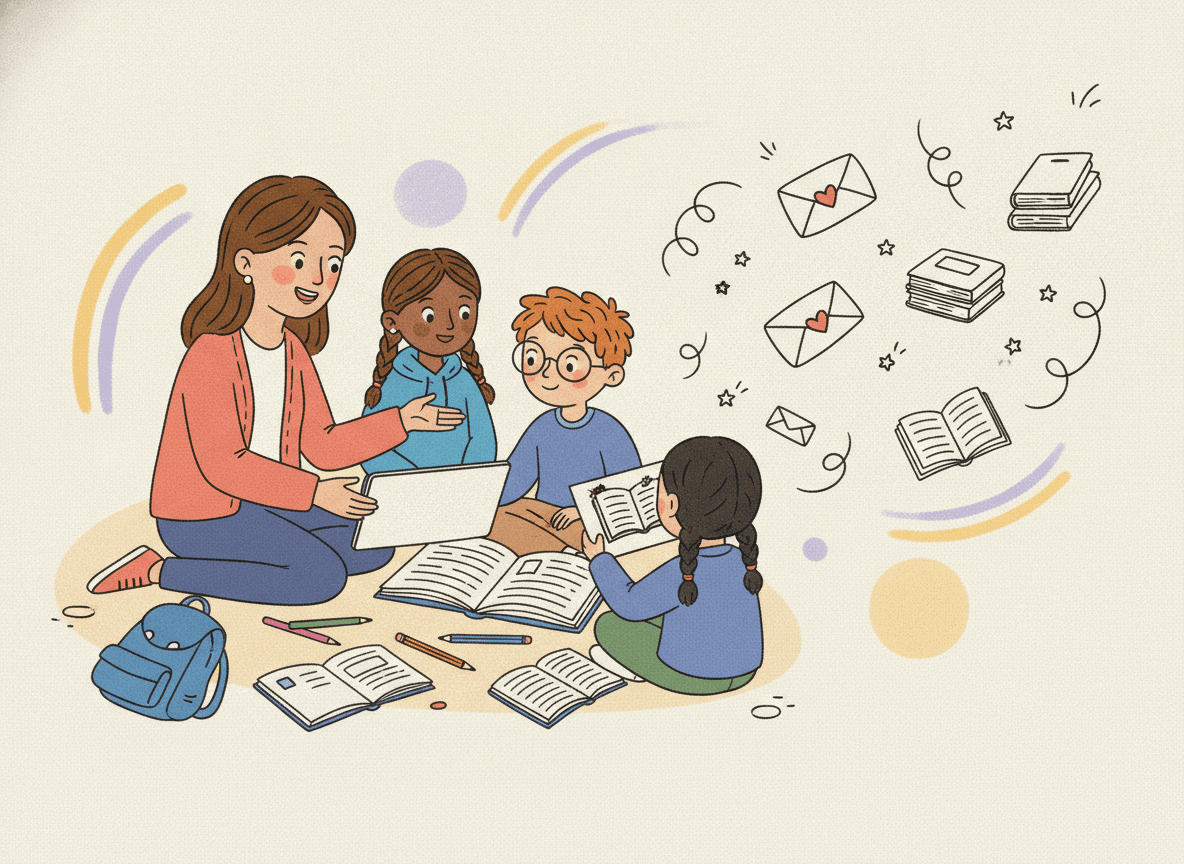 Ilustración de una docente y estudiantes compartiendo libros y una tablet