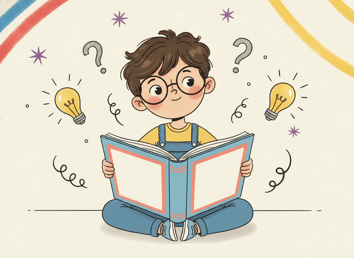 Ilustración de un niño curioso con un libro abierto, bombillas y signos de pregunta