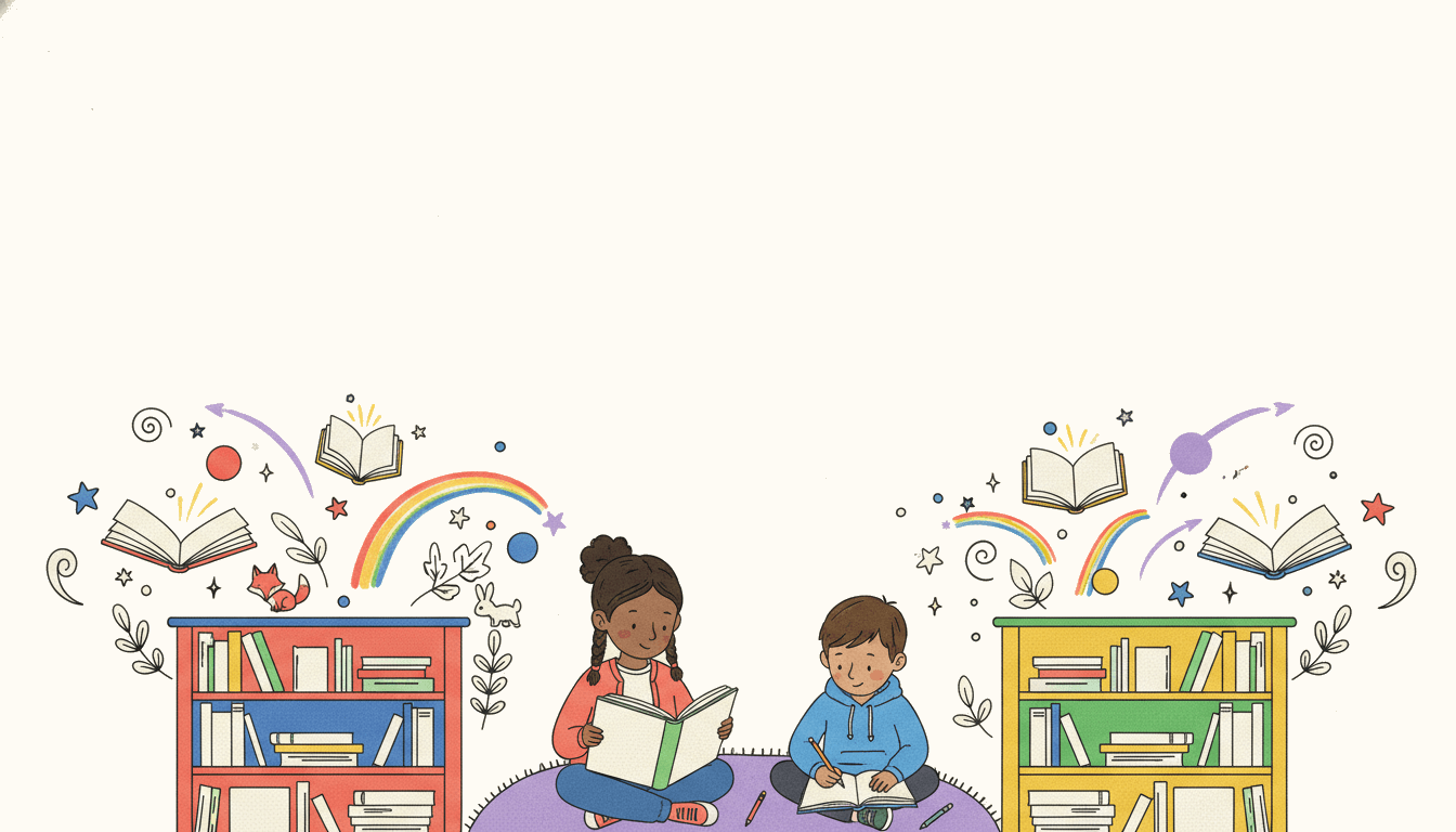 Ilustración de una biblioteca infantil con niños leyendo, libros volando y magia