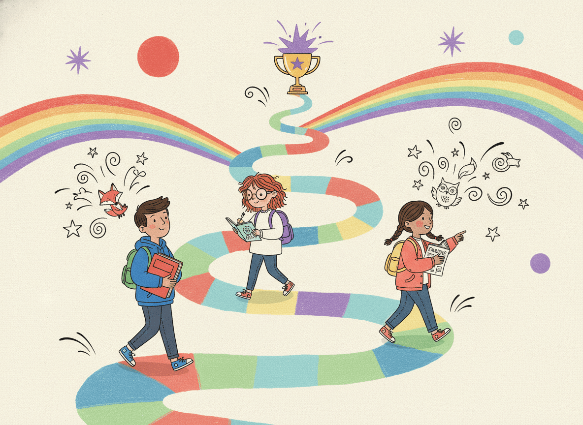 Ilustración de una ruta del plan lector con tres fases y un trofeo