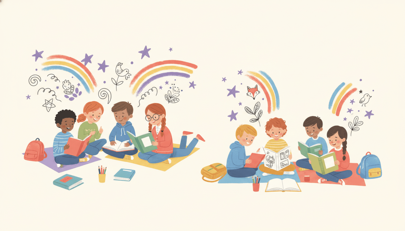 Ilustración de grupos de niños leyendo juntos en el colegio