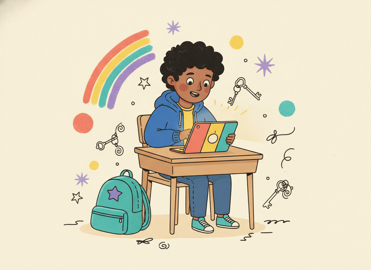 Ilustración de un niño iniciando sesión en una tablet con llaves e imaginación a su alrededor
