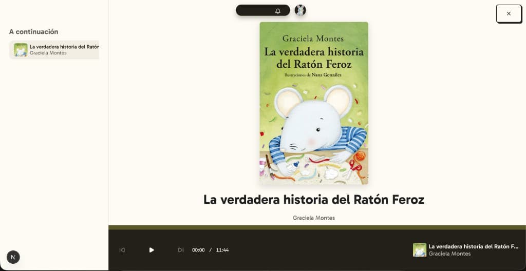 Reproductor de audiolibro de La verdadera historia del Ratón Feroz, con portada, cola y barra de tiempo