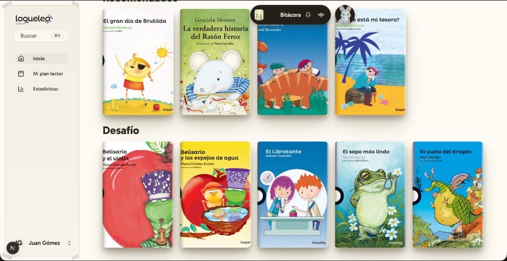 Biblioteca digital loqueleo con portadas en Recomendados y Desafío, y el menú Inicio, Mi plan lector y Estadísticas